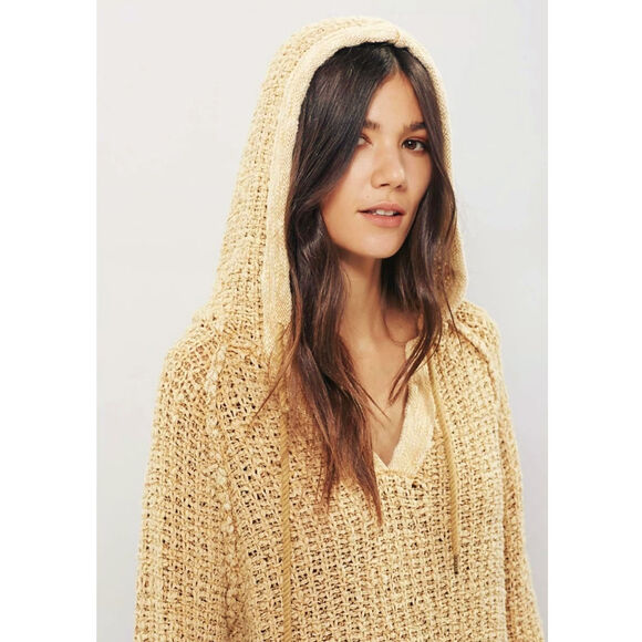 Free People Chunky Knit Crochet Hoodie Long Tunic Pullover Sweater Size M - Picture 11 of 16